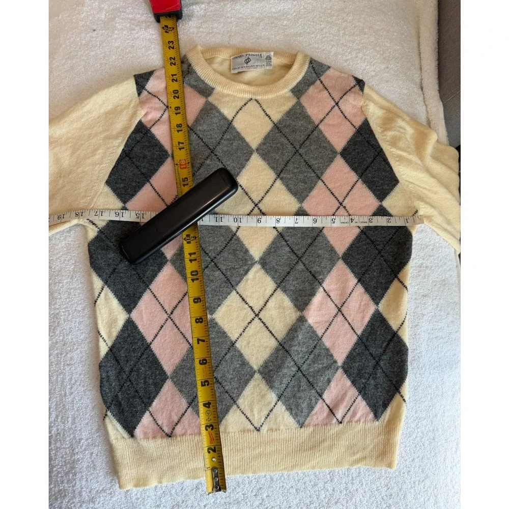 James Pringle Sweater unisex pink cream gray Argyle lux soft Wool Scotland Sz-M